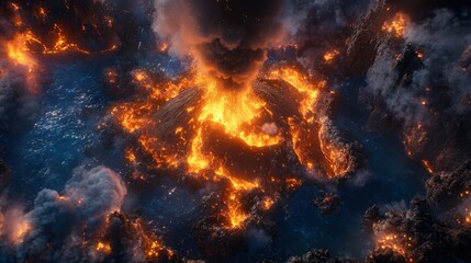 A Volcanic Eruption of Lava and Smoke Seen From Above