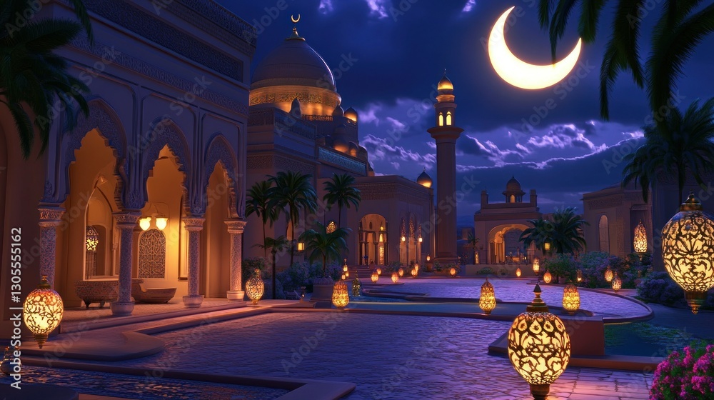 Poster The illuminated mosque at night under a large crescent moon