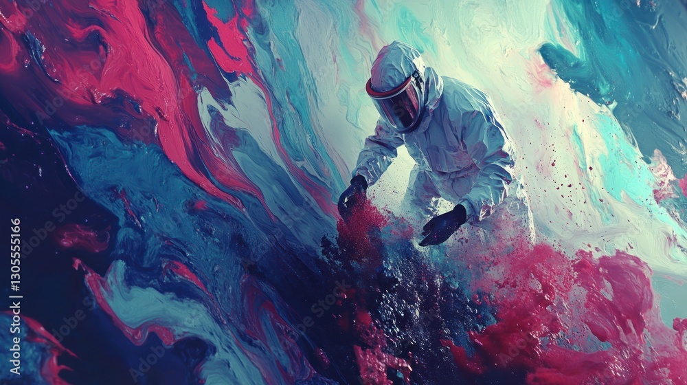 Poster a person with protective gear interacts with paint streams