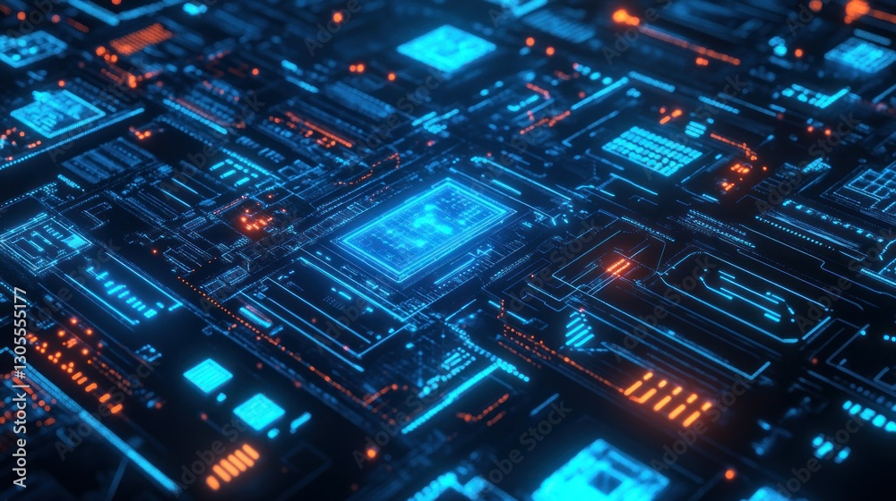Poster Close up view of a glowing circuit board with details