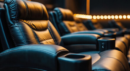 The cinema hall showcases rows of plush black recliner seats, designed for comfort, standing empty in anticipation of upcoming movie showings and evening entertainment