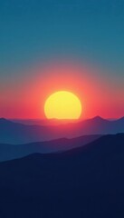 Obraz premium Round shape sun emerging from behind the horizon of blue gradient background, atmosphere, morning light, sky