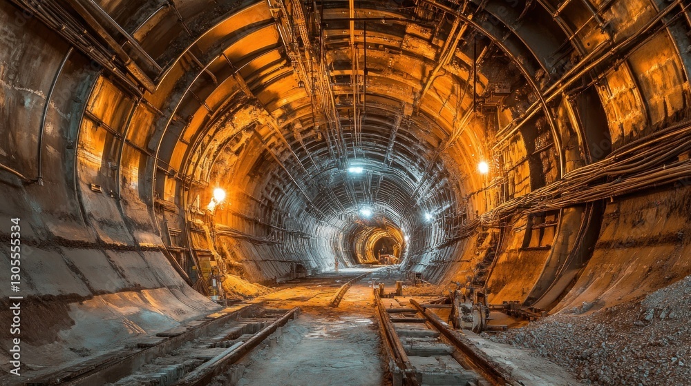 Poster An illuminated tunnel appears with train tracks and construction elements