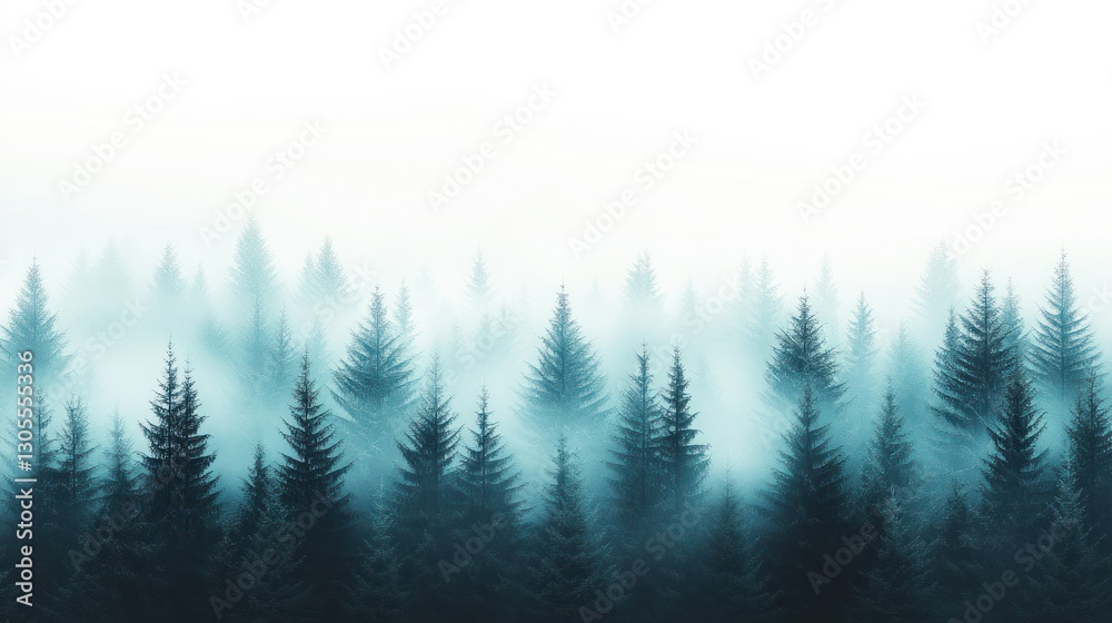 Aufkleber a foggy forest with tall evergreen trees showing a mysterious scene