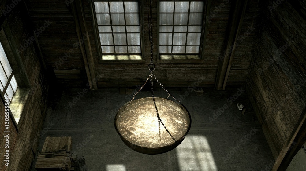 Poster A large circular light fixture hangs in the dim building