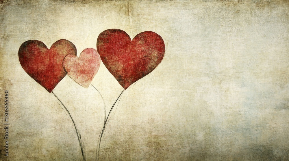 Poster three red heart illustrations are shown on a textured background