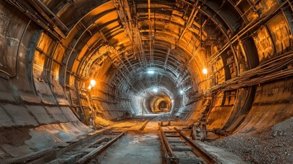 An illuminated tunnel appears with train tracks and construction elements