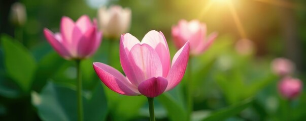 Obraz premium Soft pink petals unfold from a lush green stem, floral, garden, blossoming