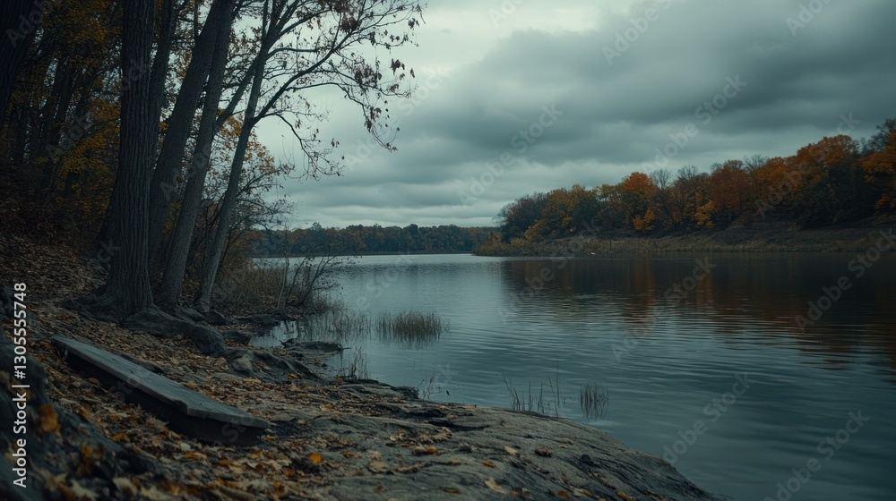 Poster a beautiful view of the river and trees on a cloudy day