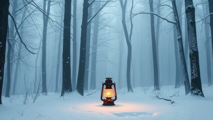 A single lantern placed in a snowy forest with mist, serene, winter