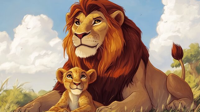 Drawing of a lion and a cub are lying together in a grassy field. Concept of protection and parenthood