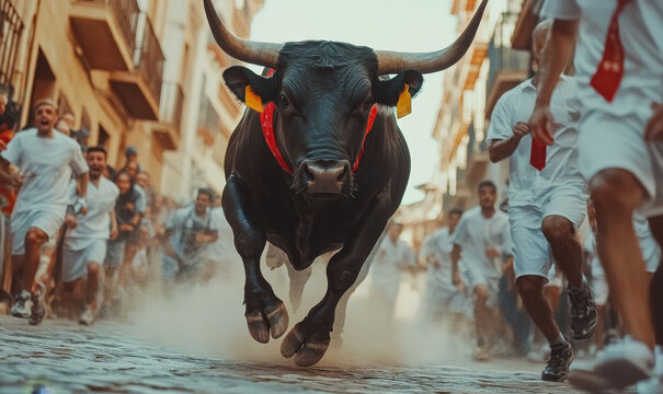 Fototapeta Fighting bull runs through the streets followed by people dressed in red and white. San Fermin Festival