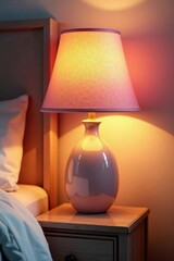 Warm and inviting bedside lamp with a soft pink shade,, lamp