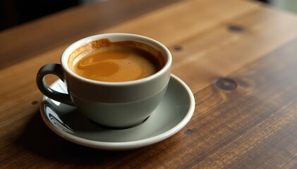 Fototapeta premium Warm brown liquid in a ceramic cup on a wooden table, coffee, warmth