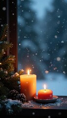 Warm candlelight flickers in the background as snowflakes fall outside, winter, glass, falling