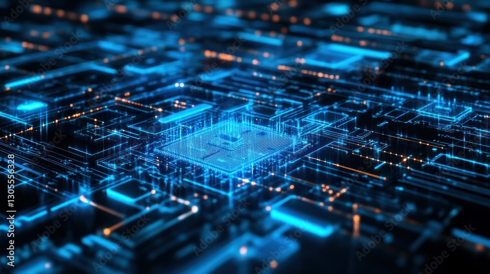 Poster Detailed image of a modern computer circuit board illuminated in blue