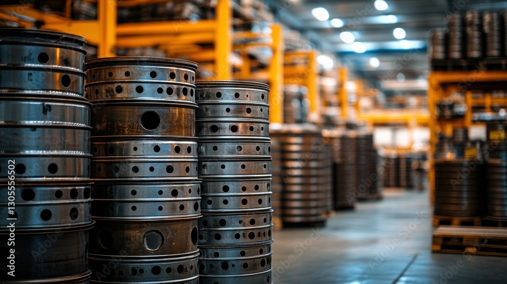 Poster stacks of metallic components in a large industrial warehouse setting