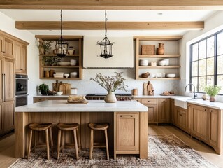 Fototapeta premium A Beautiful Modern Kitchen Featuring Wooden Cabinets and Island