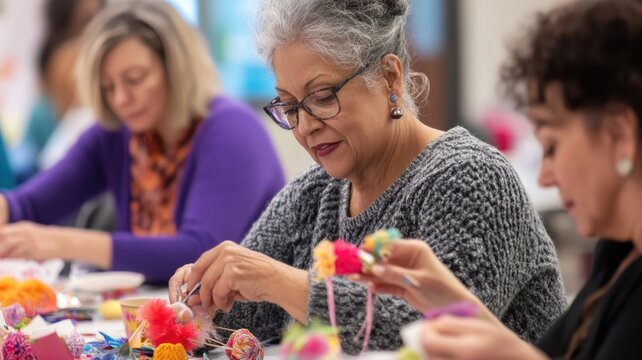 Craft workshop for women focused on colorful yarn and creative enjoyment
