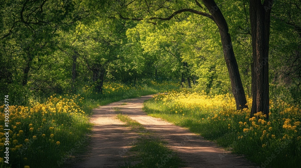 Poster a dirt path winds through a sunny forest with trees
