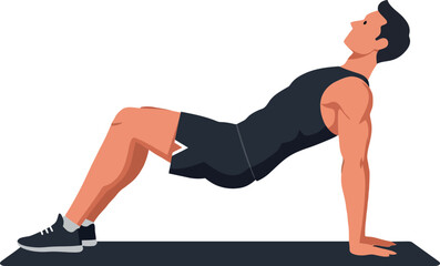 Athletic man performing a triceps dip exercise on a black mat in flat vector art style showcasing fitness and strength training
