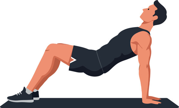 Athletic man performing a triceps dip exercise on a black mat in flat vector art style showcasing fitness and strength training