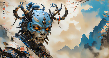 Demon Skull Oni warrior Blue theme