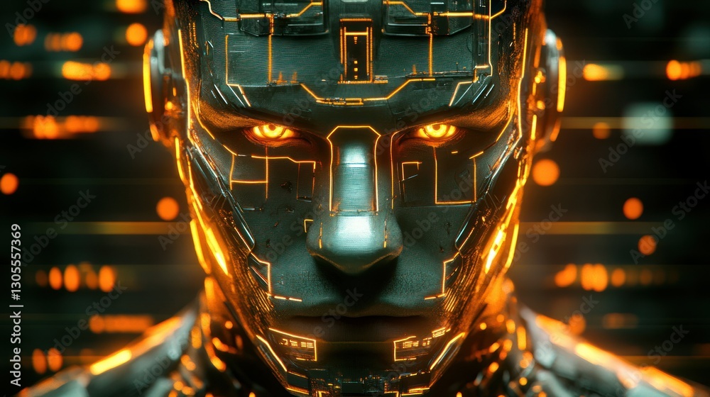 Poster the glowing futuristic cyborg face of the artificial man displays