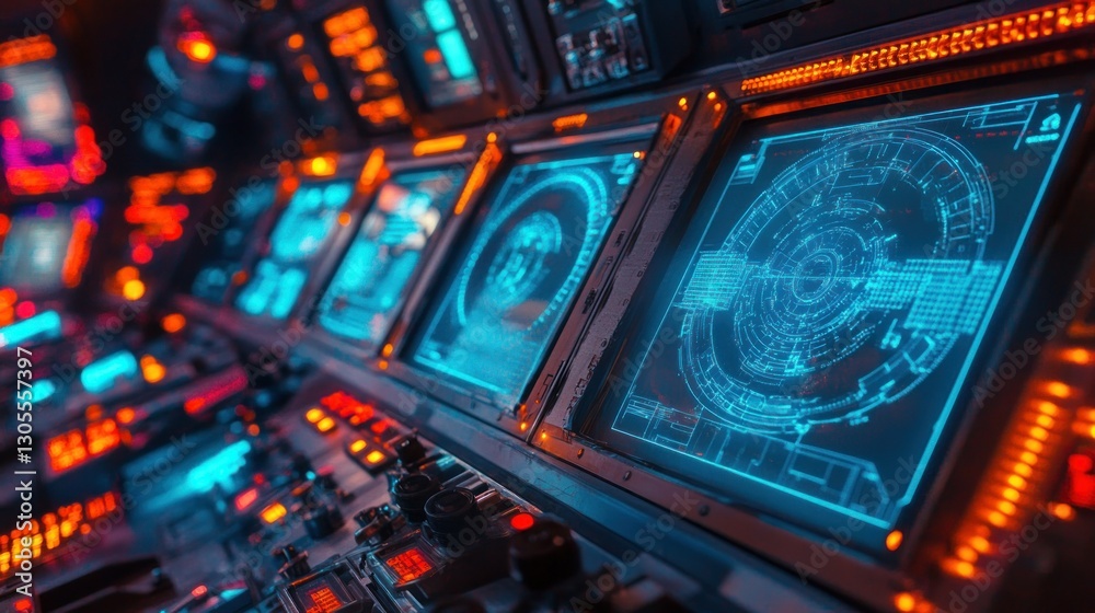 Poster Detailed view inside a futuristic spaceship control panel