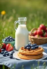 A delicious plate of golden waffles topped with fresh blueberries, accompanied by a glass bottle of milk and vibrant strawberries, perfect for a summer picnic.