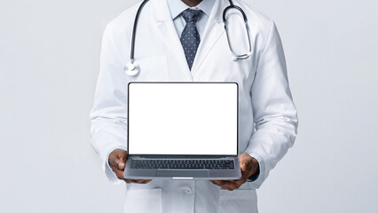 Blank laptop screen in general practitioner hands over white, online medical services, cropped