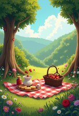 Charming picnic setup in a vibrant meadow, featuring a checkered blanket, fresh fruits, and lush greenery, perfect for outdoor leisure and family gatherings.