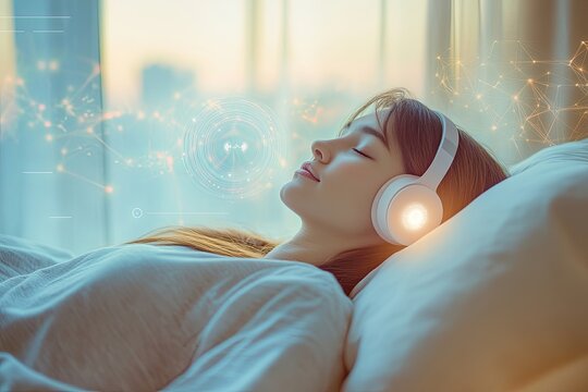 A teenager, young girl, person lying in bed with wireless sleep headphones, eyes closed, listening to a guided meditation. Night healthy routine, Modern, calming atmosphere, soft glow, copyspace.