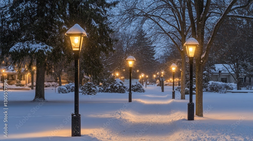 Poster illuminated lamplight illuminates snowy path during a winter evening