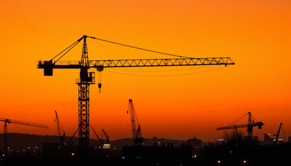 Silhouetted construction crane at sunset, industrial skyline glow