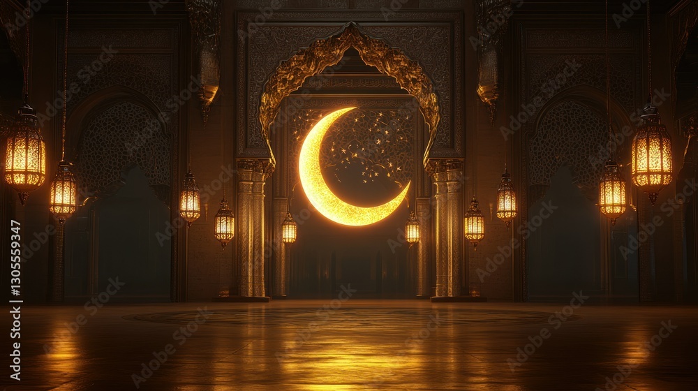 Aufkleber golden crescent moon shines within an intricate architectural space