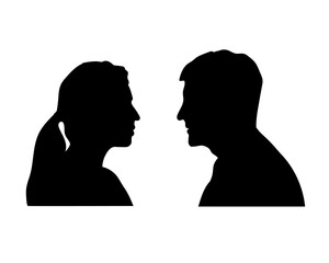 Flat silhouette of woman talking to elderly father. Conversation, chat picture 