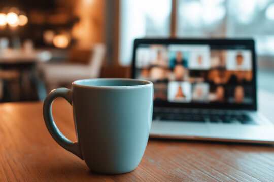 Sipping a warm drink in a cozy cafe during a virtual afternoon meeting - Powered by Adobe