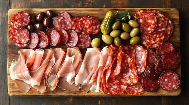 Selection of thinly sliced prosciutto salami and chorizo laid out on a rustic board with olives and pickles reflecting a sophisticated antipasto vibe