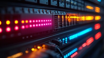 Close-up view of network cables connected to tech equipment rack. Colorful lights illuminate tech components, showing modern communication systems, advanced connectivity.  3k Resolution 