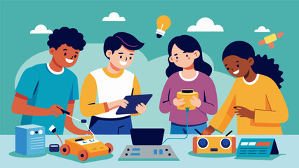 The sound of excited chatter and whirring machines filled the room as students tinkered with their homemade remotecontrolled cars for the Science Olympiad race.. Vector illustration