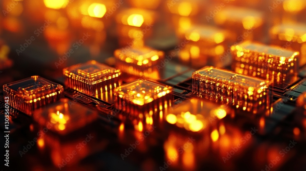 Poster golden light reflecting off of computer chips on a board
