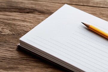 Open notebook with a yellow pencil on a wooden desk at a workspace
