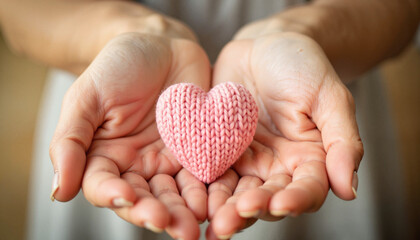 Obraz premium Hands presenting a knitted heart, vintage aesthetic warmth