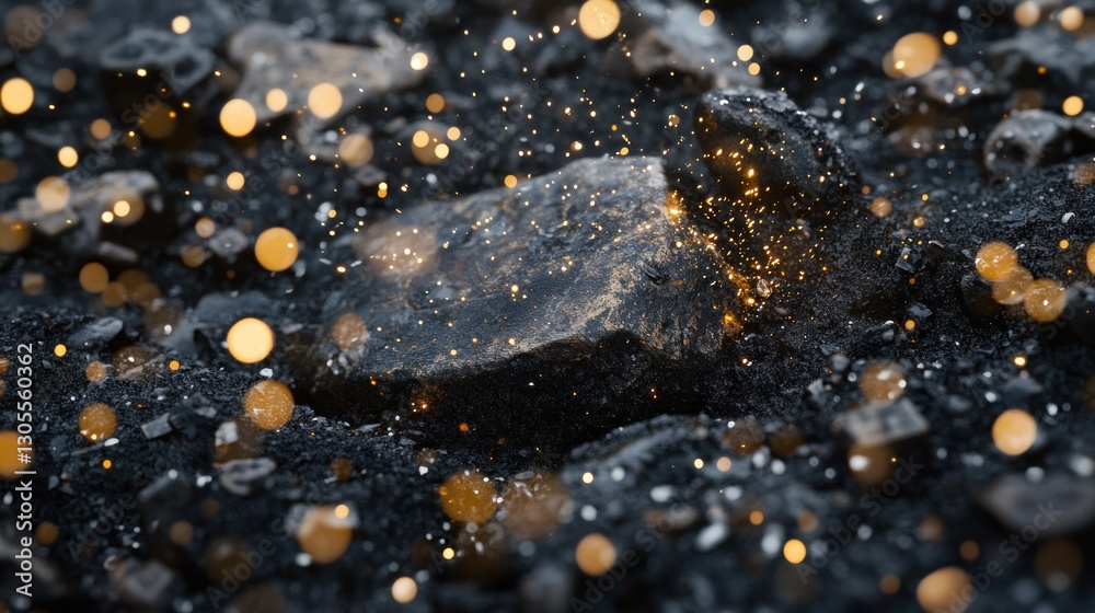Poster sparkling particles emanate from the dark stone on the ground