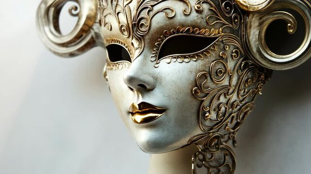 Intricately designed venetian mask with elegant golden accents in rotating motion