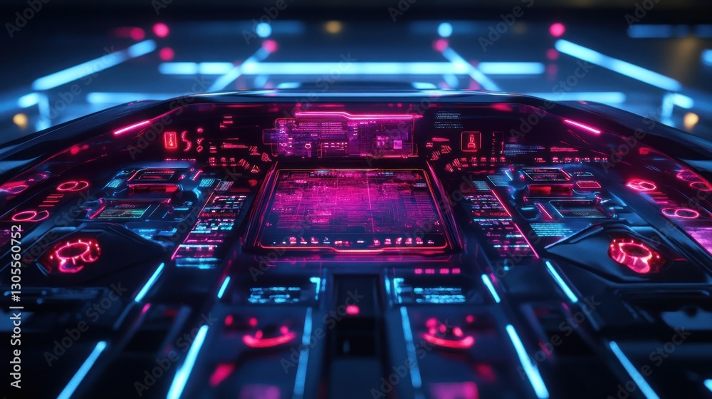 Poster Futuristic spaceship cockpit with glowing controls and screens displayed