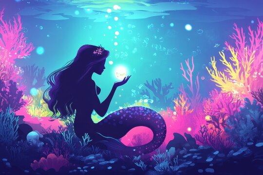 Silhouette of a mermaid holding a glowing object underwater
