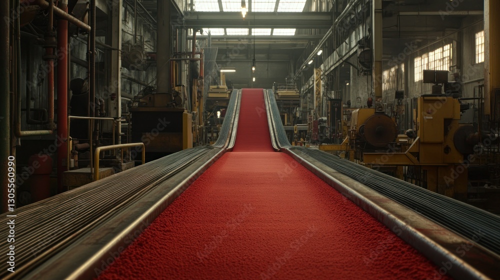Poster the conveyor belt is transporting red material in factory