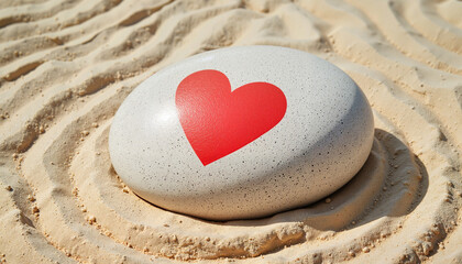 Obraz premium A large smooth stone with a hand-painted red heart in a Zen garden with elegant swirling sand patterns